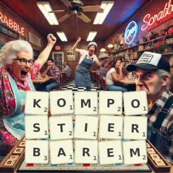 Kreative Illustration für ein Scrabble-Spiel, bei dem das Wort KOMPOSTIERBAREM mit Steinen auf dem Brett gelegt wurde.