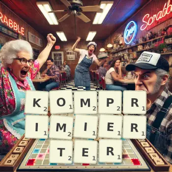 Kreative Illustration für ein Scrabble-Spiel, bei dem das Wort KOMPRIMIERTER mit Steinen auf dem Brett gelegt wurde.