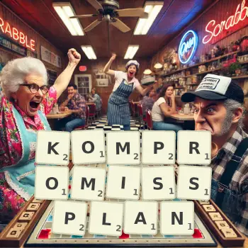 Kreative Illustration für ein Scrabble-Spiel, bei dem das Wort KOMPROMISSPLAN mit Steinen auf dem Brett gelegt wurde.