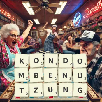 Kreative Illustration für ein Scrabble-Spiel, bei dem das Wort KONDOMBENUTZUNG mit Steinen auf dem Brett gelegt wurde.