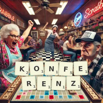 Kreative Illustration für ein Scrabble-Spiel, bei dem das Wort KONFERENZ mit Steinen auf dem Brett gelegt wurde.