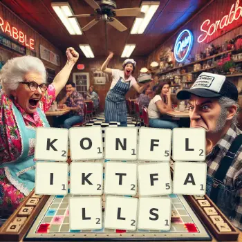 Kreative Illustration für ein Scrabble-Spiel, bei dem das Wort KONFLIKTFALLS mit Steinen auf dem Brett gelegt wurde.