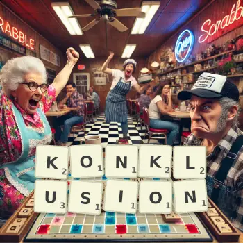Kreative Illustration für ein Scrabble-Spiel, bei dem das Wort KONKLUSION mit Steinen auf dem Brett gelegt wurde.