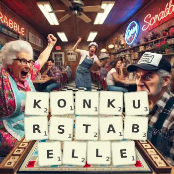 Kreative Illustration für ein Scrabble-Spiel, bei dem das Wort KONKURSTABELLE mit Steinen auf dem Brett gelegt wurde.