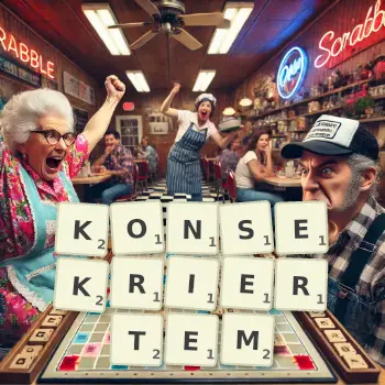Kreative Illustration für ein Scrabble-Spiel, bei dem das Wort KONSEKRIERTEM mit Steinen auf dem Brett gelegt wurde.