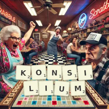Kreative Illustration für ein Scrabble-Spiel, bei dem das Wort KONSILIUM mit Steinen auf dem Brett gelegt wurde.