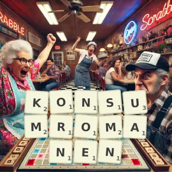 Kreative Illustration für ein Scrabble-Spiel, bei dem das Wort KONSUMROMANEN mit Steinen auf dem Brett gelegt wurde.