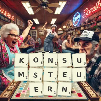 Kreative Illustration für ein Scrabble-Spiel, bei dem das Wort KONSUMSTEUERN mit Steinen auf dem Brett gelegt wurde.