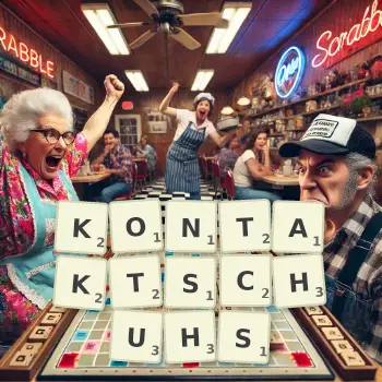 Kreative Illustration für ein Scrabble-Spiel, bei dem das Wort KONTAKTSCHUHS mit Steinen auf dem Brett gelegt wurde.