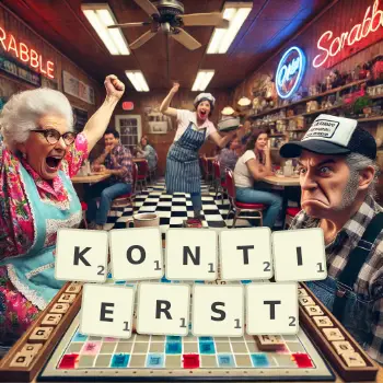 Kreative Illustration für ein Scrabble-Spiel, bei dem das Wort KONTIERST mit Steinen auf dem Brett gelegt wurde.