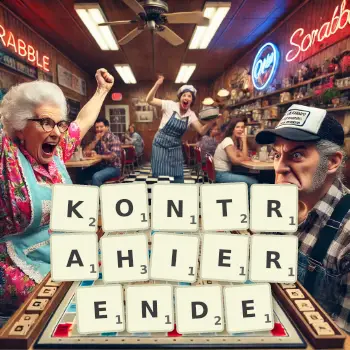 Kreative Illustration für ein Scrabble-Spiel, bei dem das Wort KONTRAHIERENDE mit Steinen auf dem Brett gelegt wurde.