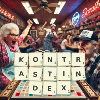 Kreative Illustration für ein Scrabble-Spiel, bei dem das Wort KONTRASTINDEX mit Steinen auf dem Brett gelegt wurde.