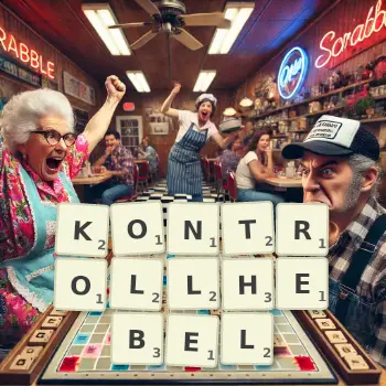 Kreative Illustration für ein Scrabble-Spiel, bei dem das Wort KONTROLLHEBEL mit Steinen auf dem Brett gelegt wurde.