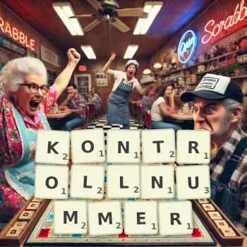 Kreative Illustration für ein Scrabble-Spiel, bei dem das Wort KONTROLLNUMMER mit Steinen auf dem Brett gelegt wurde.