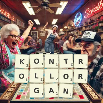 Kreative Illustration für ein Scrabble-Spiel, bei dem das Wort KONTROLLORGAN mit Steinen auf dem Brett gelegt wurde.