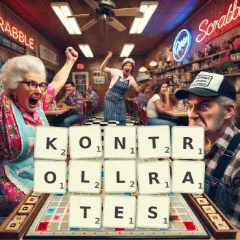 Kreative Illustration für ein Scrabble-Spiel, bei dem das Wort KONTROLLRATES mit Steinen auf dem Brett gelegt wurde.