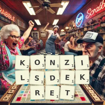 Kreative Illustration für ein Scrabble-Spiel, bei dem das Wort KONZILSDEKRET mit Steinen auf dem Brett gelegt wurde.