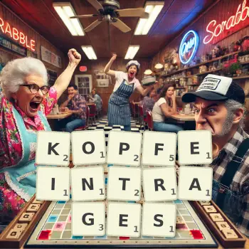 Kreative Illustration für ein Scrabble-Spiel, bei dem das Wort KOPFEINTRAGES mit Steinen auf dem Brett gelegt wurde.