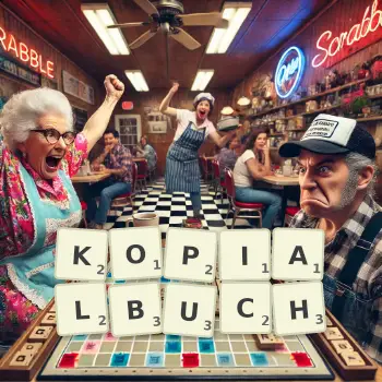 Kreative Illustration für ein Scrabble-Spiel, bei dem das Wort KOPIALBUCH mit Steinen auf dem Brett gelegt wurde.
