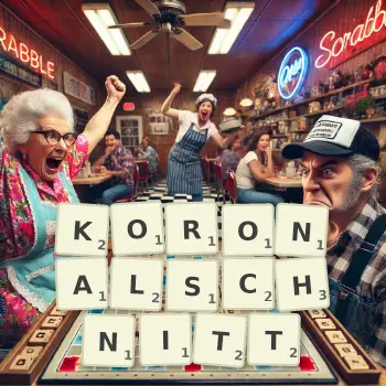 Kreative Illustration für ein Scrabble-Spiel, bei dem das Wort KORONALSCHNITT mit Steinen auf dem Brett gelegt wurde.
