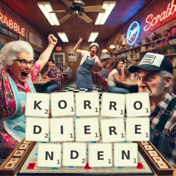 Kreative Illustration für ein Scrabble-Spiel, bei dem das Wort KORRODIERENDEN mit Steinen auf dem Brett gelegt wurde.