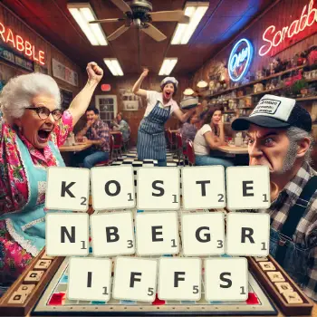 Kreative Illustration für ein Scrabble-Spiel, bei dem das Wort KOSTENBEGRIFFS mit Steinen auf dem Brett gelegt wurde.