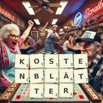 Kreative Illustration für ein Scrabble-Spiel, bei dem das Wort KOSTENBLÄTTER mit Steinen auf dem Brett gelegt wurde.