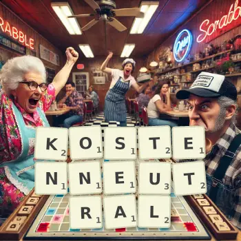 Kreative Illustration für ein Scrabble-Spiel, bei dem das Wort KOSTENNEUTRAL mit Steinen auf dem Brett gelegt wurde.