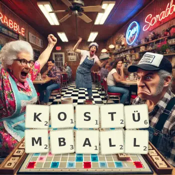 Kreative Illustration für ein Scrabble-Spiel, bei dem das Wort KOSTÜMBALL mit Steinen auf dem Brett gelegt wurde.