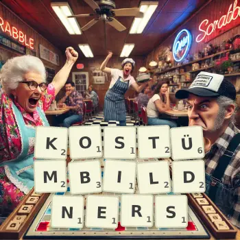 Kreative Illustration für ein Scrabble-Spiel, bei dem das Wort KOSTÜMBILDNERS mit Steinen auf dem Brett gelegt wurde.