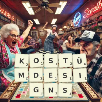 Kreative Illustration für ein Scrabble-Spiel, bei dem das Wort KOSTÜMDESIGNS mit Steinen auf dem Brett gelegt wurde.