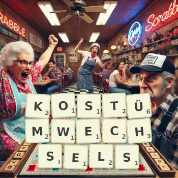 Kreative Illustration für ein Scrabble-Spiel, bei dem das Wort KOSTÜMWECHSELS mit Steinen auf dem Brett gelegt wurde.