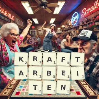 Kreative Illustration für ein Scrabble-Spiel, bei dem das Wort KRAFTARBEITEN mit Steinen auf dem Brett gelegt wurde.