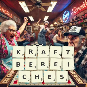 Kreative Illustration für ein Scrabble-Spiel, bei dem das Wort KRAFTBEREICHES mit Steinen auf dem Brett gelegt wurde.