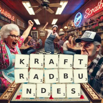 Kreative Illustration für ein Scrabble-Spiel, bei dem das Wort KRAFTRADBUNDES mit Steinen auf dem Brett gelegt wurde.