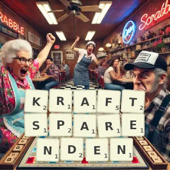 Kreative Illustration für ein Scrabble-Spiel, bei dem das Wort KRAFTSPARENDEN mit Steinen auf dem Brett gelegt wurde.