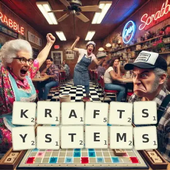 Kreative Illustration für ein Scrabble-Spiel, bei dem das Wort KRAFTSYSTEMS mit Steinen auf dem Brett gelegt wurde.