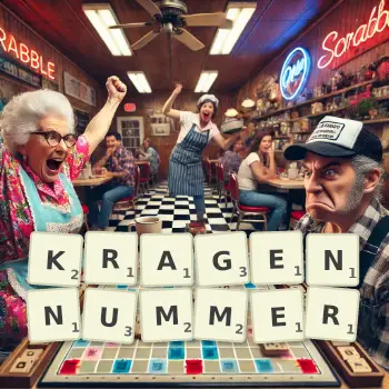 Kreative Illustration für ein Scrabble-Spiel, bei dem das Wort KRAGENNUMMER mit Steinen auf dem Brett gelegt wurde.