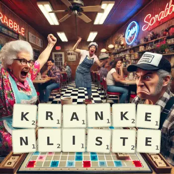 Kreative Illustration für ein Scrabble-Spiel, bei dem das Wort KRANKENLISTE mit Steinen auf dem Brett gelegt wurde.