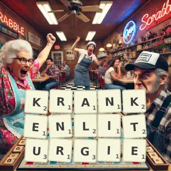 Kreative Illustration für ein Scrabble-Spiel, bei dem das Wort KRANKENLITURGIE mit Steinen auf dem Brett gelegt wurde.