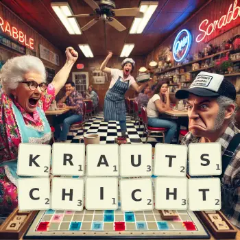 Kreative Illustration für ein Scrabble-Spiel, bei dem das Wort KRAUTSCHICHT mit Steinen auf dem Brett gelegt wurde.
