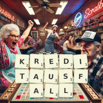 Kreative Illustration für ein Scrabble-Spiel, bei dem das Wort KREDITAUSFALL mit Steinen auf dem Brett gelegt wurde.