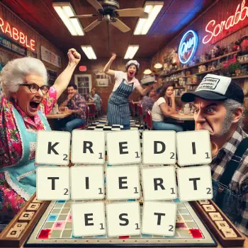 Kreative Illustration für ein Scrabble-Spiel, bei dem das Wort KREDITIERTEST mit Steinen auf dem Brett gelegt wurde.
