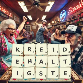 Kreative Illustration für ein Scrabble-Spiel, bei dem das Wort KREIDEHALTIGSTE mit Steinen auf dem Brett gelegt wurde.