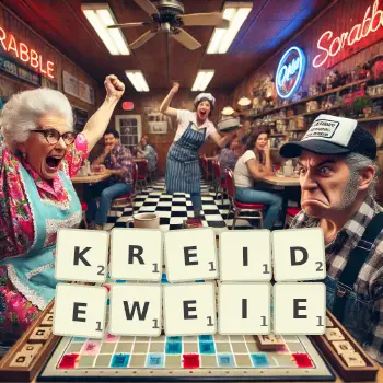 Kreative Illustration für ein Scrabble-Spiel, bei dem das Wort KREIDEWEIE mit Steinen auf dem Brett gelegt wurde.
