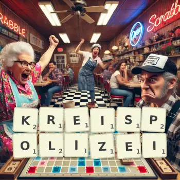 Kreative Illustration für ein Scrabble-Spiel, bei dem das Wort KREISPOLIZEI mit Steinen auf dem Brett gelegt wurde.
