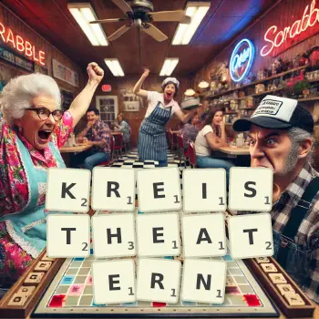 Kreative Illustration für ein Scrabble-Spiel, bei dem das Wort KREISTHEATERN mit Steinen auf dem Brett gelegt wurde.