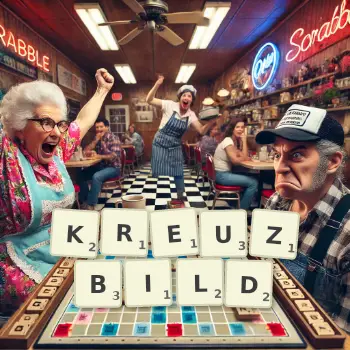 Kreative Illustration für ein Scrabble-Spiel, bei dem das Wort KREUZBILD mit Steinen auf dem Brett gelegt wurde.