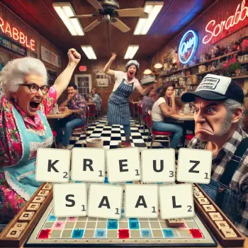 Kreative Illustration für ein Scrabble-Spiel, bei dem das Wort KREUZSAAL mit Steinen auf dem Brett gelegt wurde.
