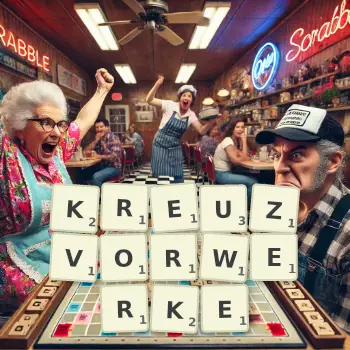 Kreative Illustration für ein Scrabble-Spiel, bei dem das Wort KREUZVORWERKE mit Steinen auf dem Brett gelegt wurde.